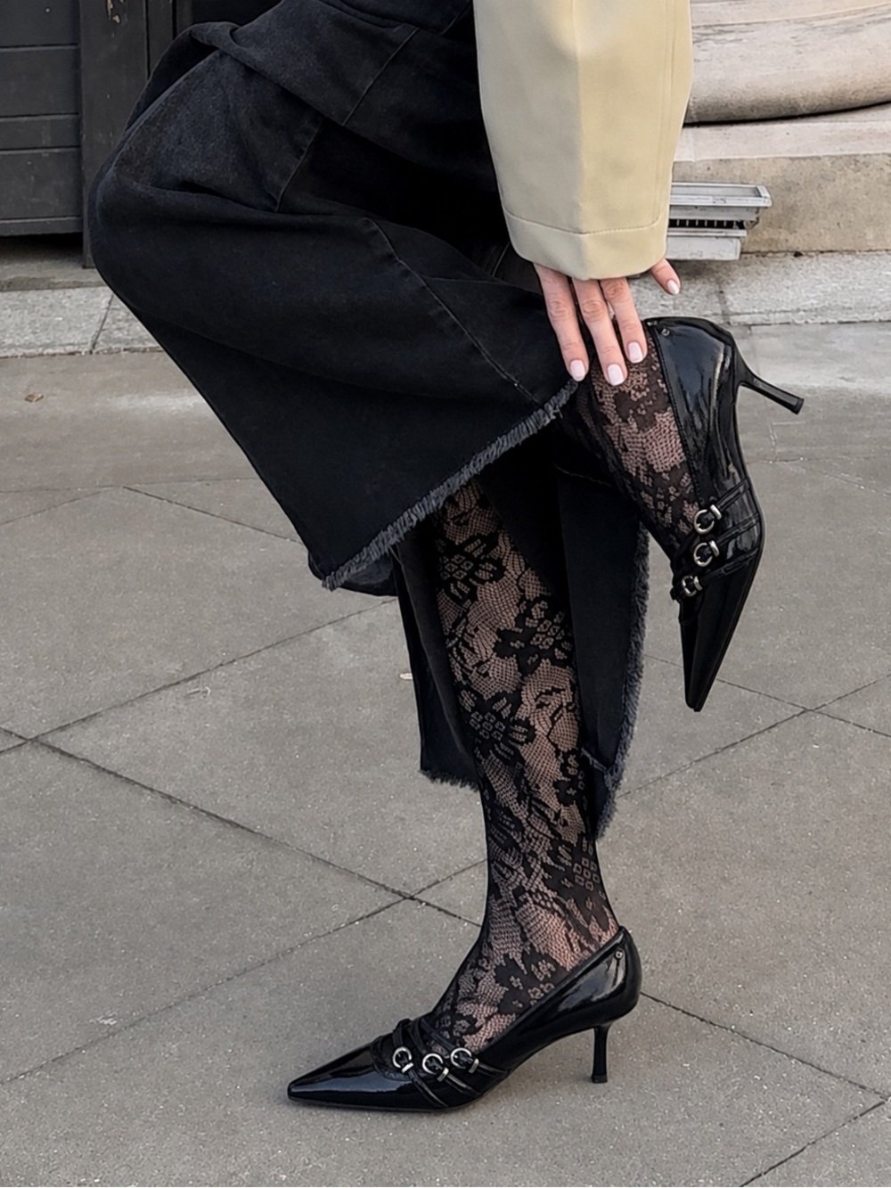 GBG Los Angeles Black Patent Pointed Kitten Heel Pumps with Buckle Detail